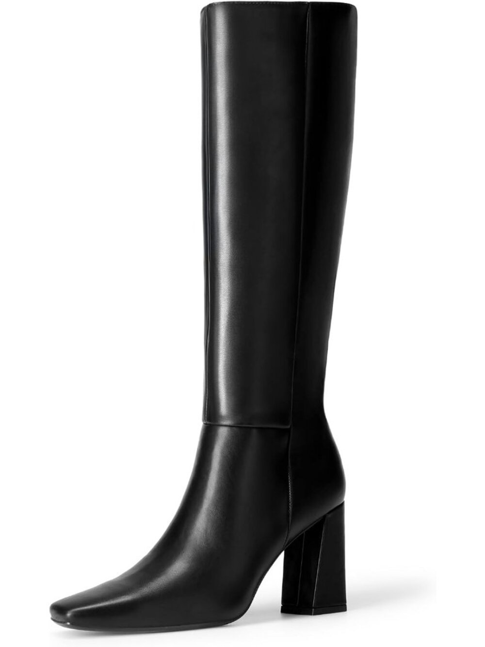Women's Black Faux Leather Square Toe Block Heel Side Zipper Knee High Boots